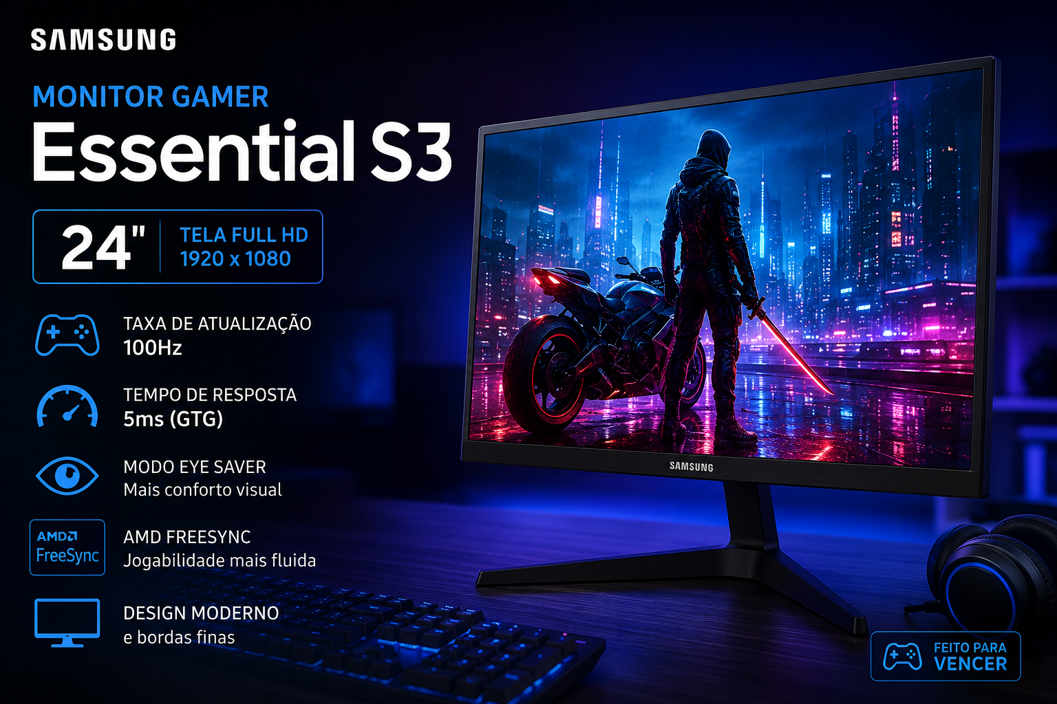Monitor Gamer Samsung 24″ Essential S3 100Hz: Excelente custo benefício