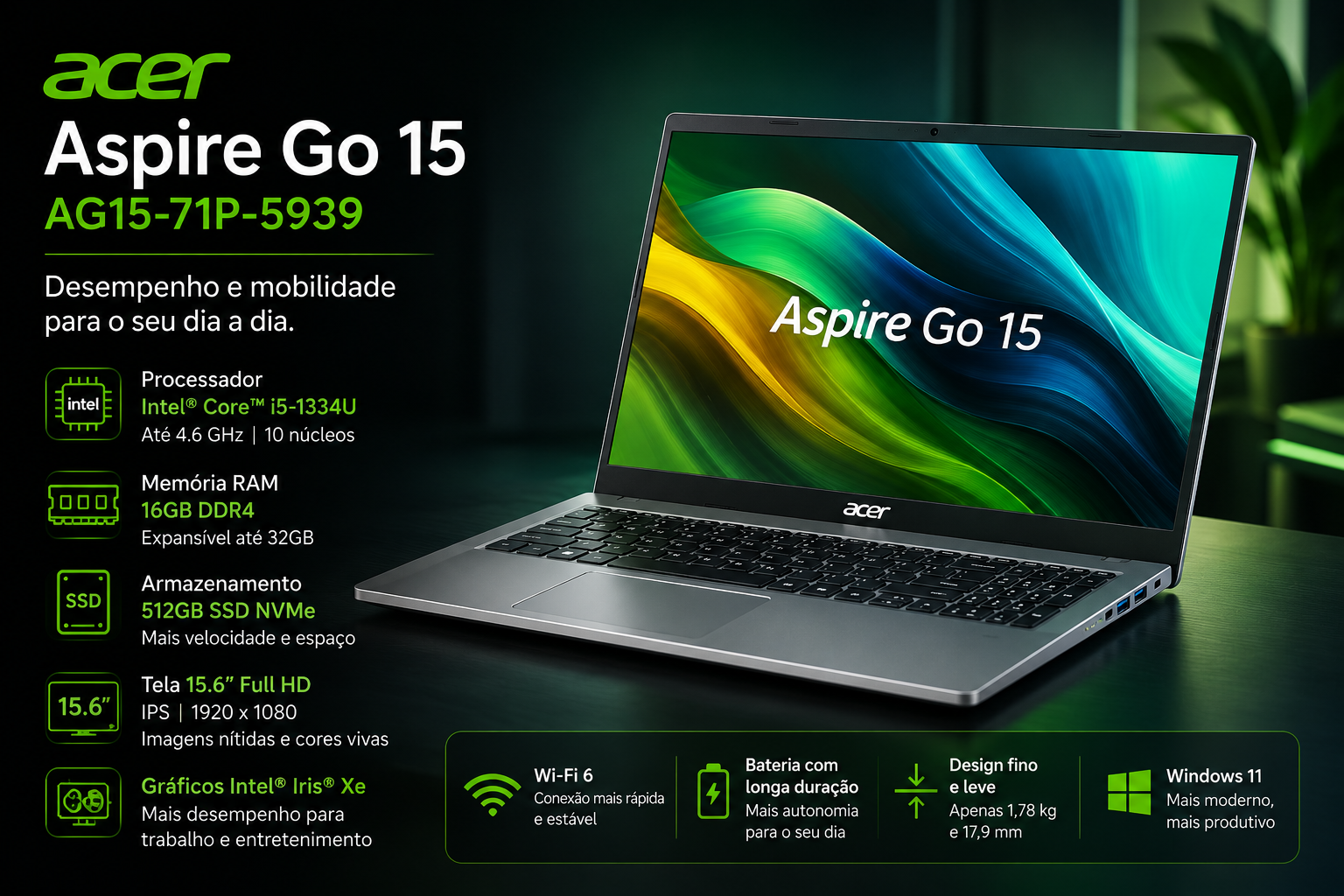 Notebook Acer Aspire Go 15 AG15-71P-5939: Impulsiona sua Produtividade a um preço justo