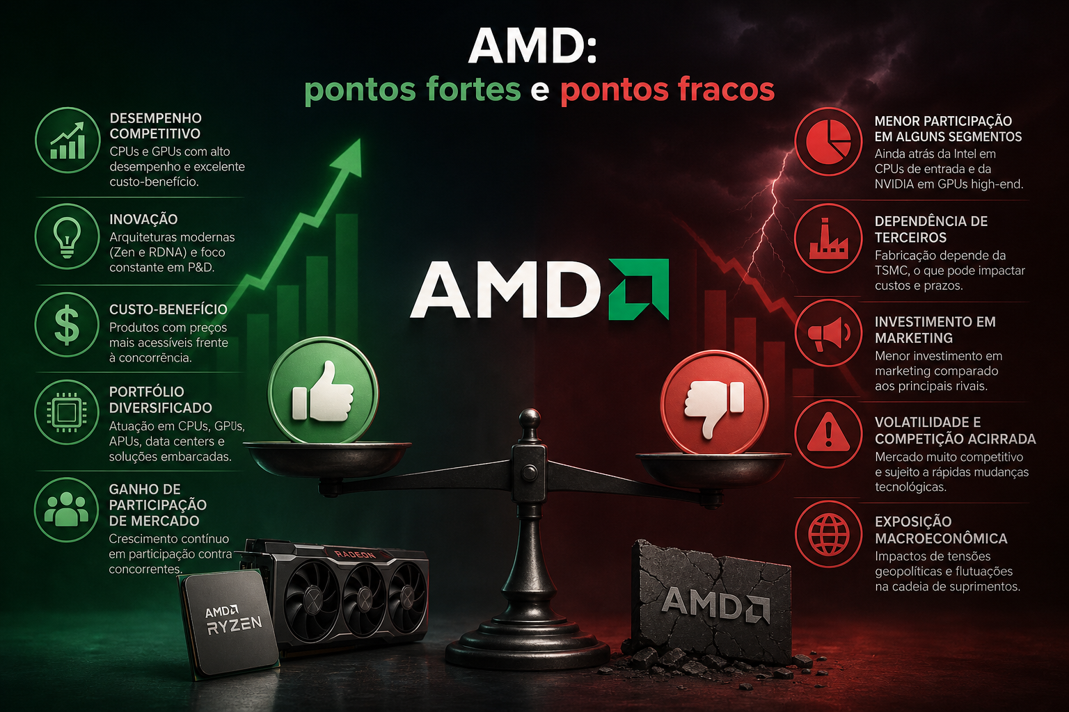 Infográfico comparando os pontos fortes e fracos da AMD, com balança entre