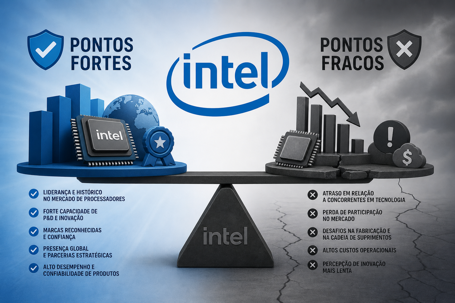 Infográfico comparando pontos fortes e fracos da Intel, com balanço entre