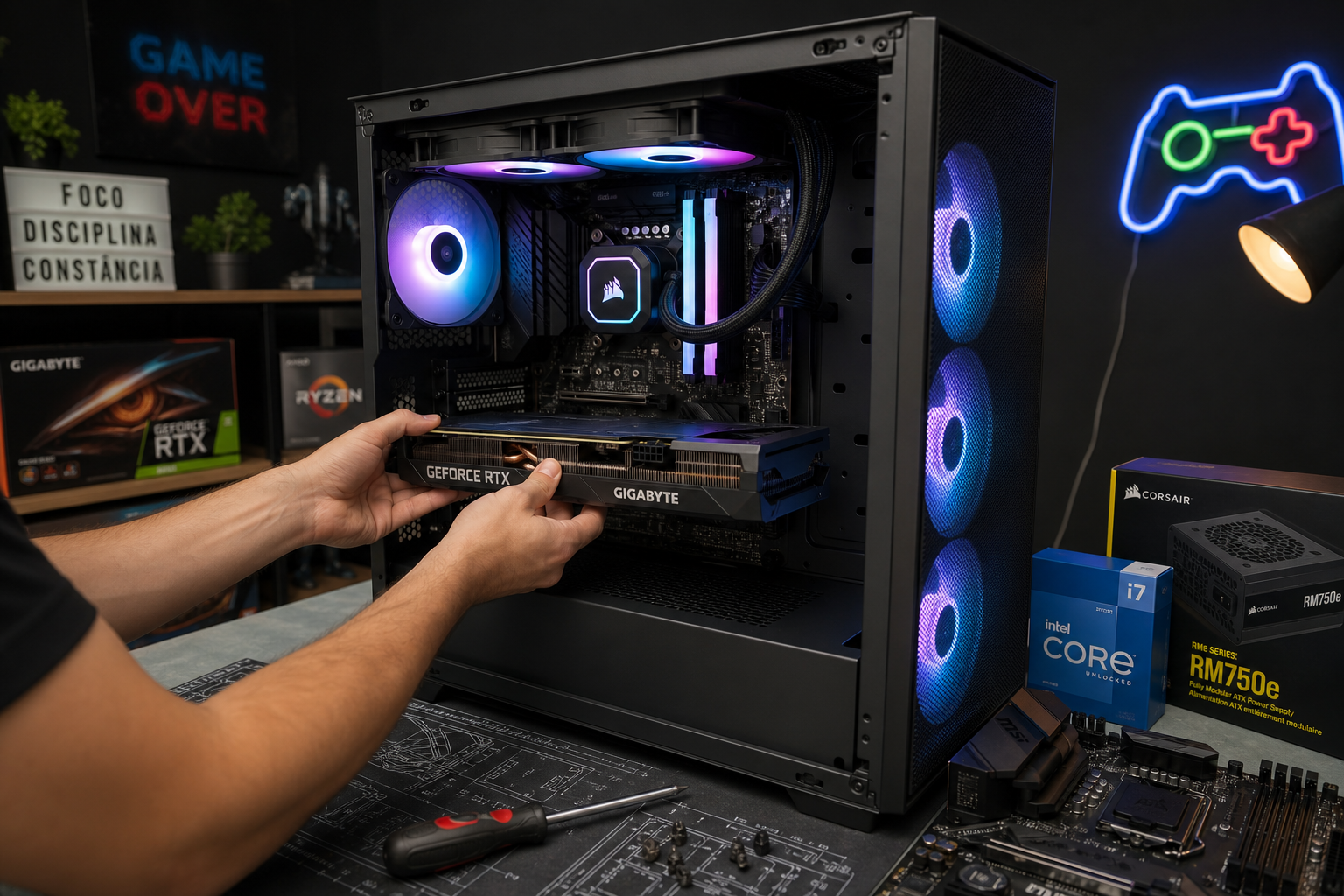Pessoa instalando uma placa de vídeo GeForce RTX em um PC gamer com iluminação