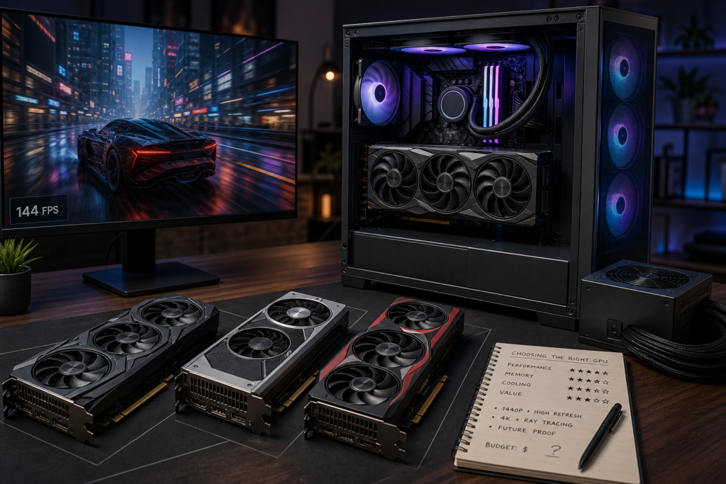 Comparação de placas de vídeo para jogos, com PC gamer, monitor 144 FPS e anotações de desempenho