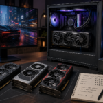 Comparação de placas de vídeo para jogos, com PC gamer, monitor 144 FPS e anotações de desempenho