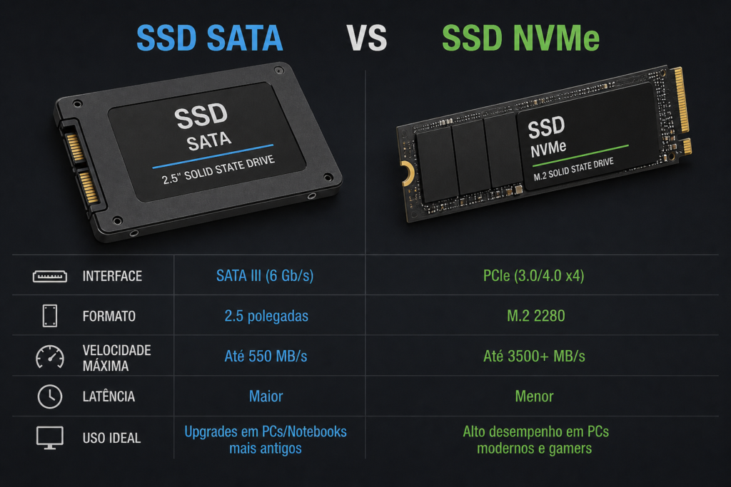 Comparação entre SSD SATA e SSD NVMe: SATA III, 2,5", até 550 MB/s; NVMe PCIe, M.2 2280, até 3500+ MB/s