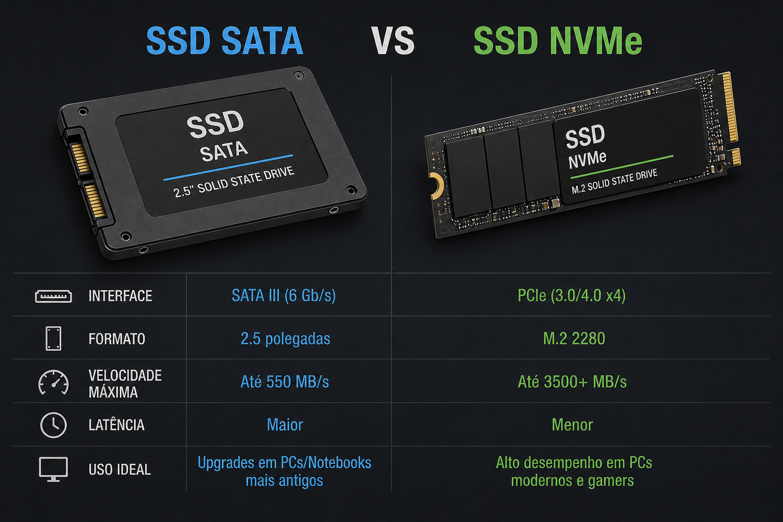 Comparação entre SSD SATA e SSD NVMe: SATA III, 2,5", até 550 MB/s; NVMe PCIe,