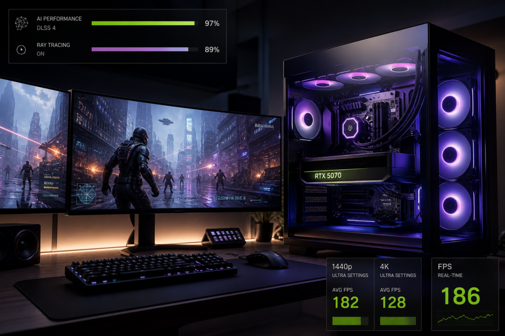 Computador gamer com GPU RTX 5070 exibindo jogo em monitores duplos e desempenho de 1440p e 4K com ray tracing ativado