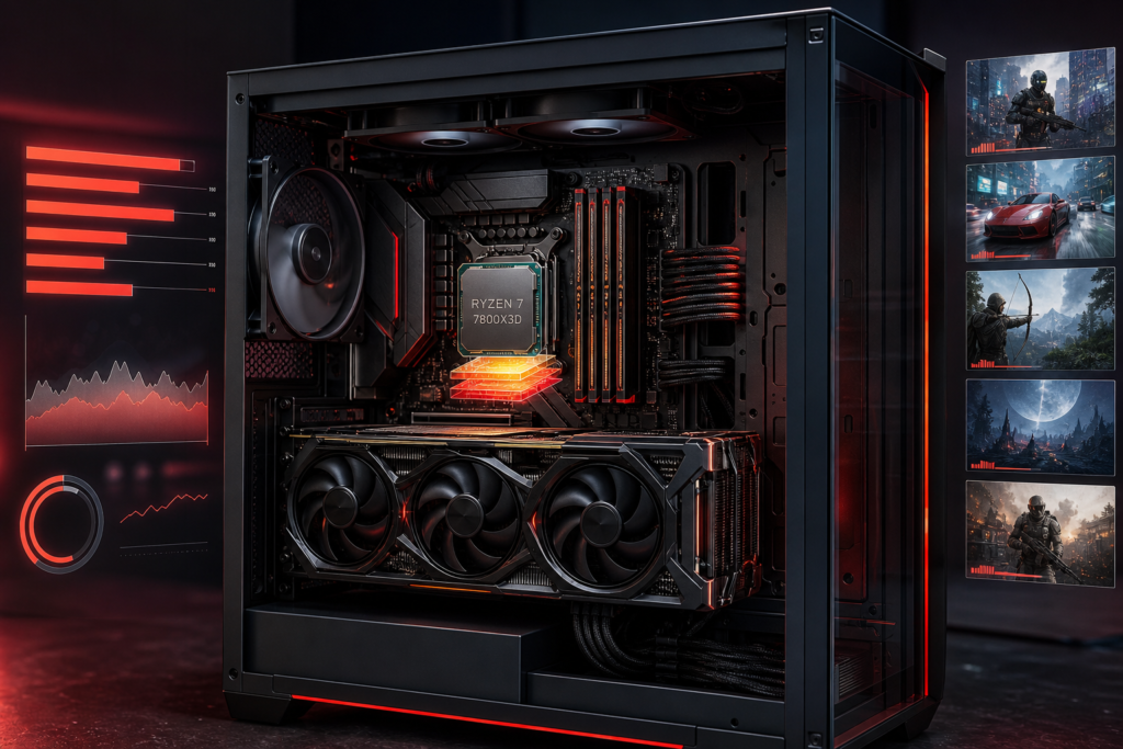 Computador gamer com processador Ryzen 7 7800X3D e placa de vídeo de três ventoinhas, com gráficos de desempenho ao redor