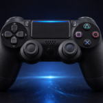 Controle sem fio de videogame preto com botões coloridos e luz azul no centro