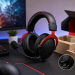 Headset gamer preto e vermelho com microfone, sobre uma mesa ao lado da caixa e acessórios