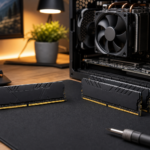 Módulos de memória RAM ao lado de um computador desktop aberto para montagem ou upgrade