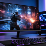 Monitor exibindo um jogo de tiro em primeira pessoa com combate em uma rua futurista iluminada