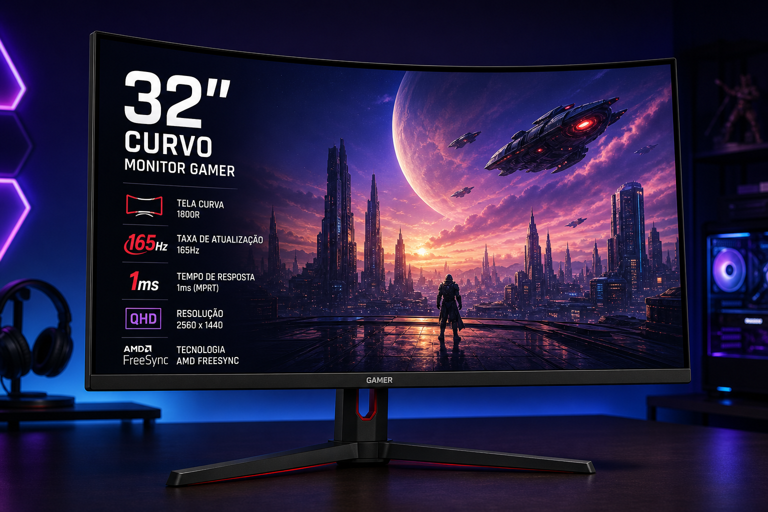 Monitor gamer curvo de 32 polegadas com resolução QHD, taxa de atualização de