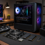 Montagem de PC gamer com gabinete iluminado e componentes de hardware sobre a mesa