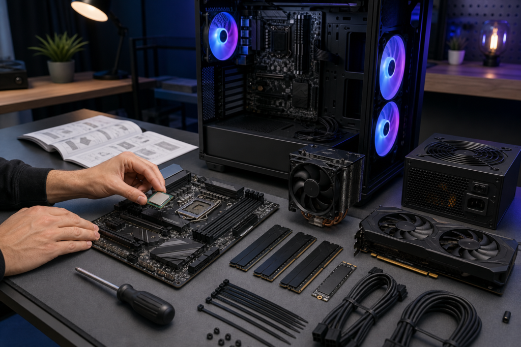 Montagem de um PC gamer com placa-mãe, processador, memória, placa de vídeo, fonte e gabinete iluminado