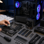 Montagem de um PC gamer com placa-mãe, processador, memória, placa de vídeo, fonte e gabinete iluminado