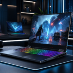 Notebook gamer com teclado RGB exibindo cena de ficção científica em uma mesa de setup moderno