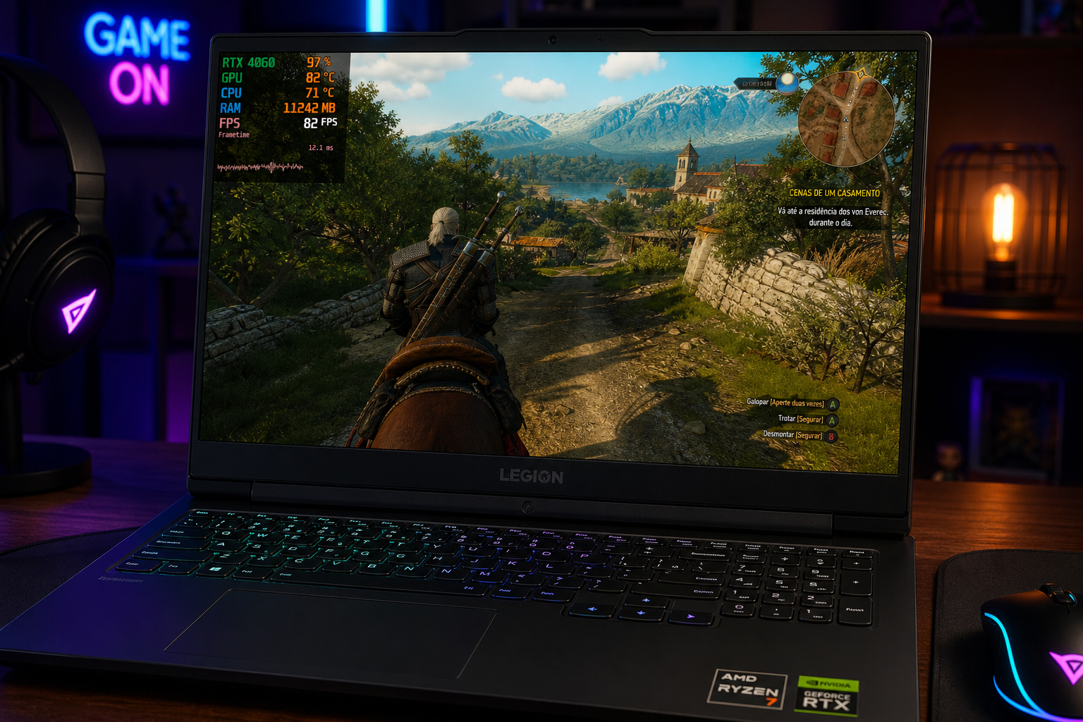 Notebook gamer Lenovo Legion exibindo um jogo em terceira pessoa com HUD de