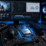 Placa-mãe com processador Core i5, placa de vídeo e módulos de memória em uma mesa de trabalho de PC gamer