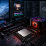 Placa-mãe com processador, placa de vídeo e cooler, diante de monitores com código e modelagem 3D