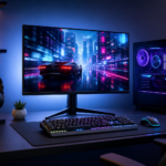 Setup gamer com monitor exibindo carro em alta velocidade, PC com iluminação RGB, teclado, mouse e headset