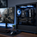 Setup gamer com PC desktop iluminado em azul, monitor exibindo jogo de tiro, teclado, mouse e headset