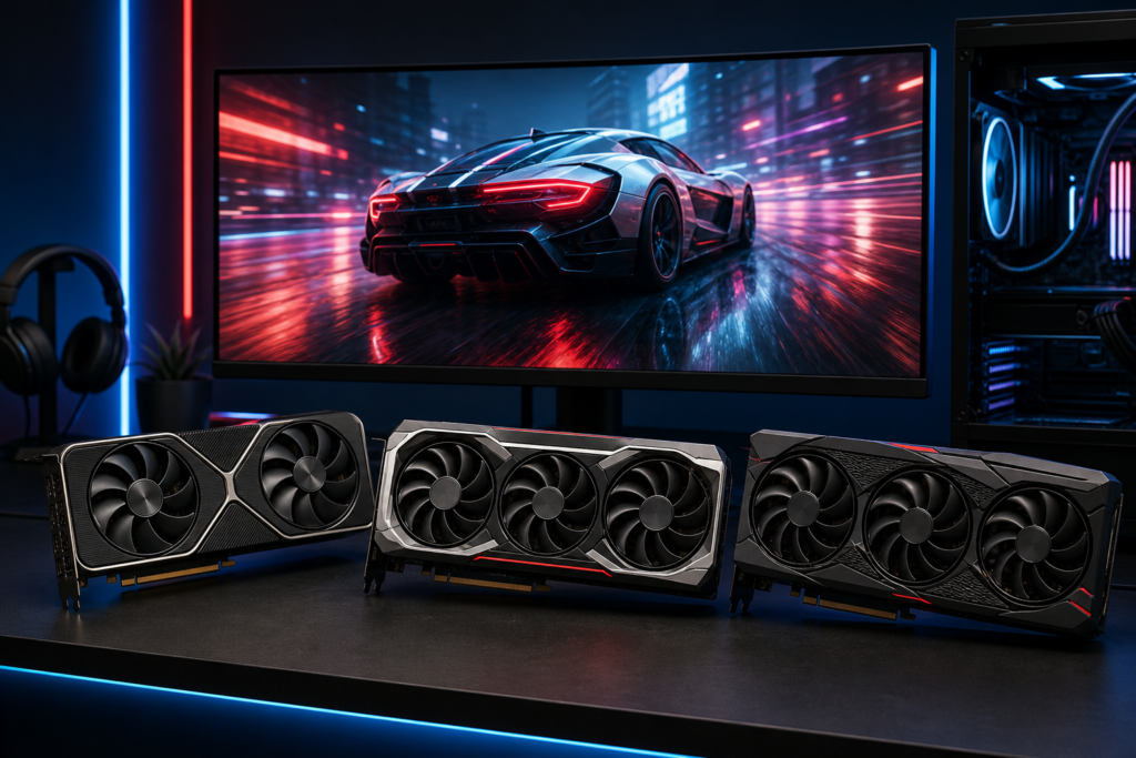 Três placas de vídeo gamer sobre uma mesa, com um monitor ao fundo exibindo um carro esportivo em alta velocidade