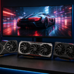 Três placas de vídeo gamer sobre uma mesa, com um monitor ao fundo exibindo um carro esportivo em alta velocidade