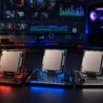 Três processadores sobre placas-mãe iluminadas em vermelho, azul e branco, com um setup gamer desfocado ao fundo