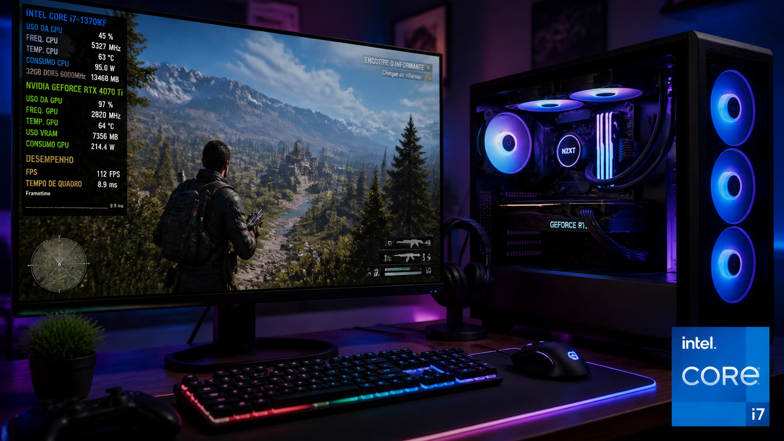 Configuração de PC gamer com monitor exibindo jogo e métricas de desempenho, e