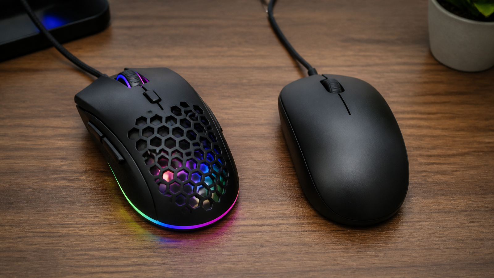 Dois mouses sobre uma mesa de madeira, um com iluminação RGB e outro preto sem