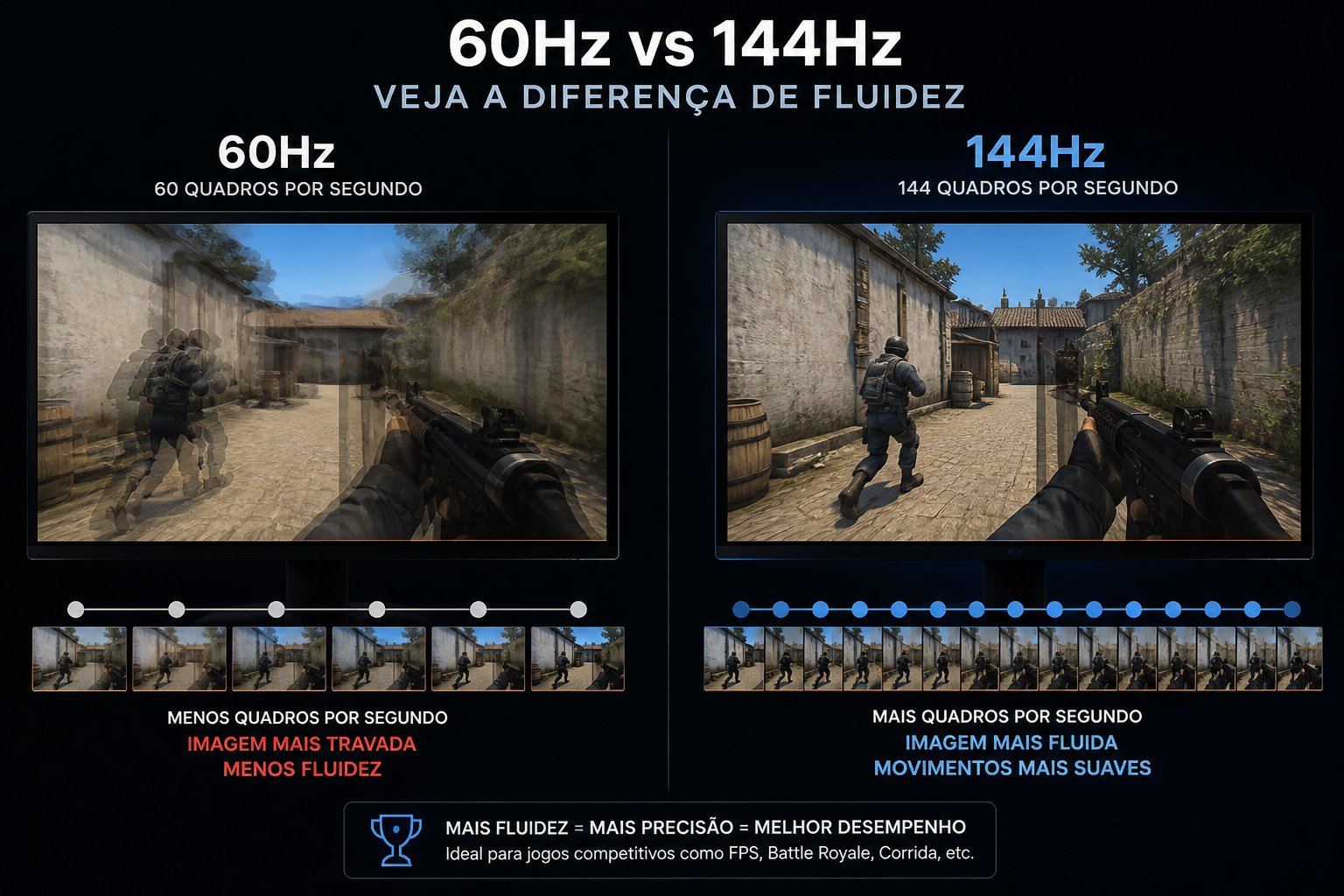 Infográfico comparando 60Hz e 144Hz: 144Hz mostra movimento mais fluido e suave