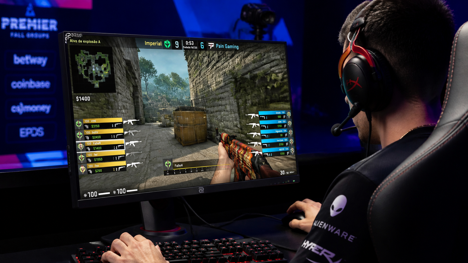 Jogador de e-sports usando headset em uma partida de tiro em primeira pessoa no
