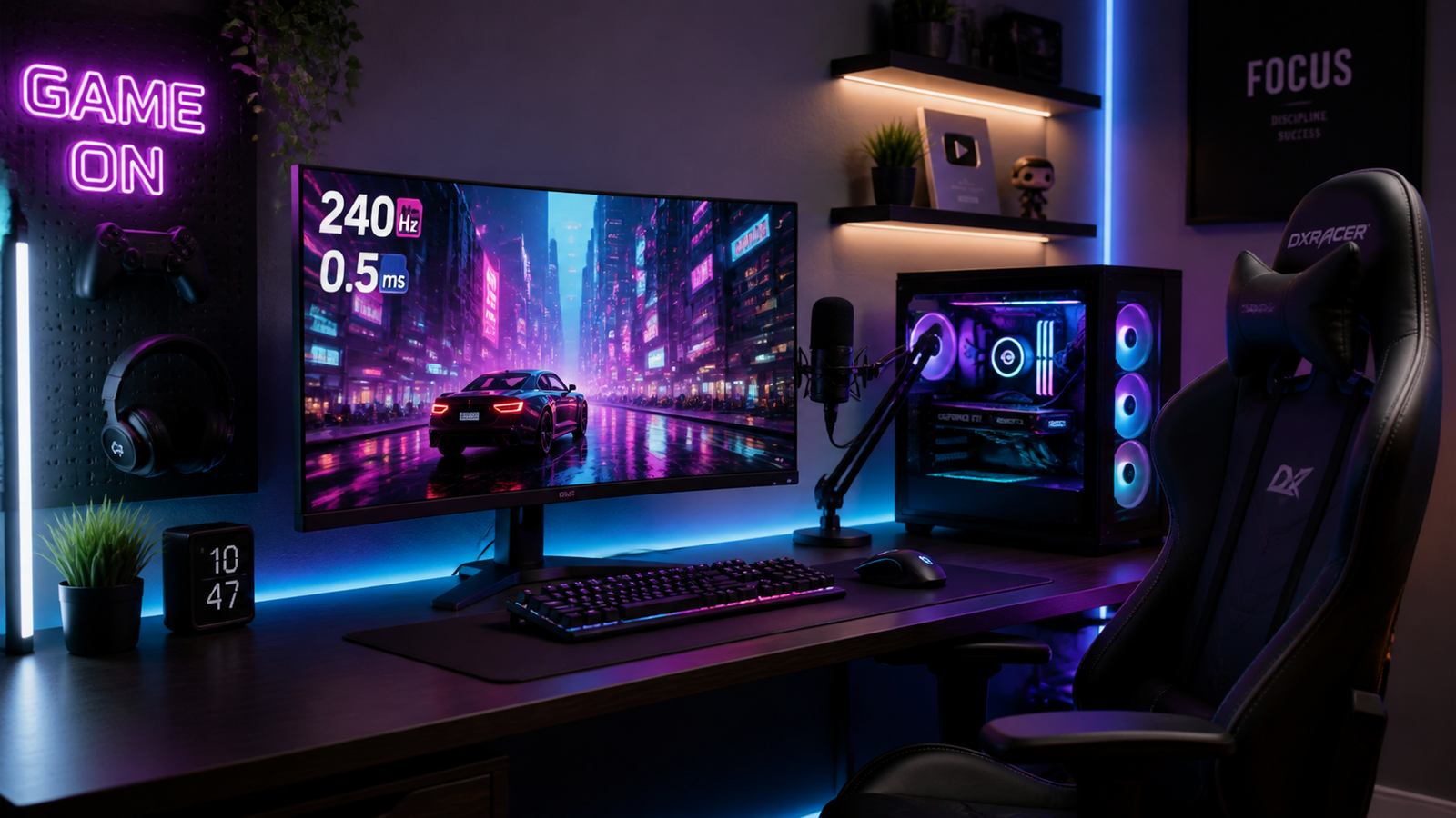Setup de gaming com monitor, PC iluminado em RGB, teclado, mouse, microfone e